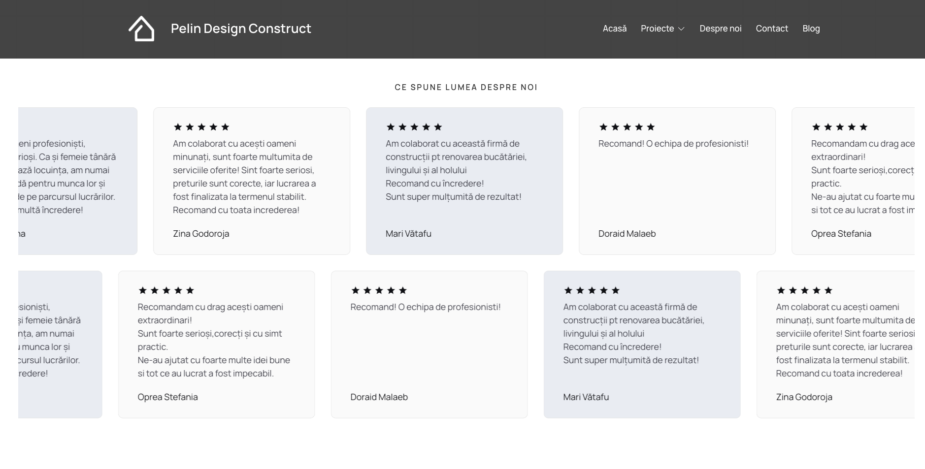 Pelin Design Construct client testimonials section
