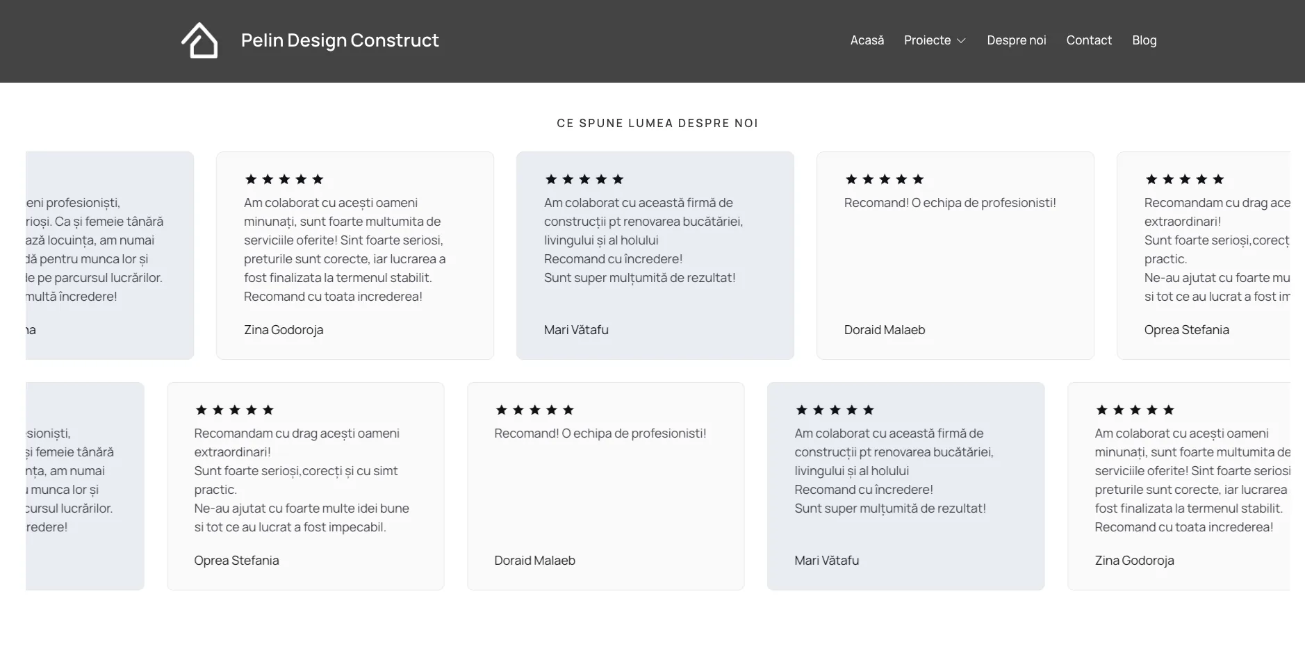 Pelin Design Construct client testimonials section