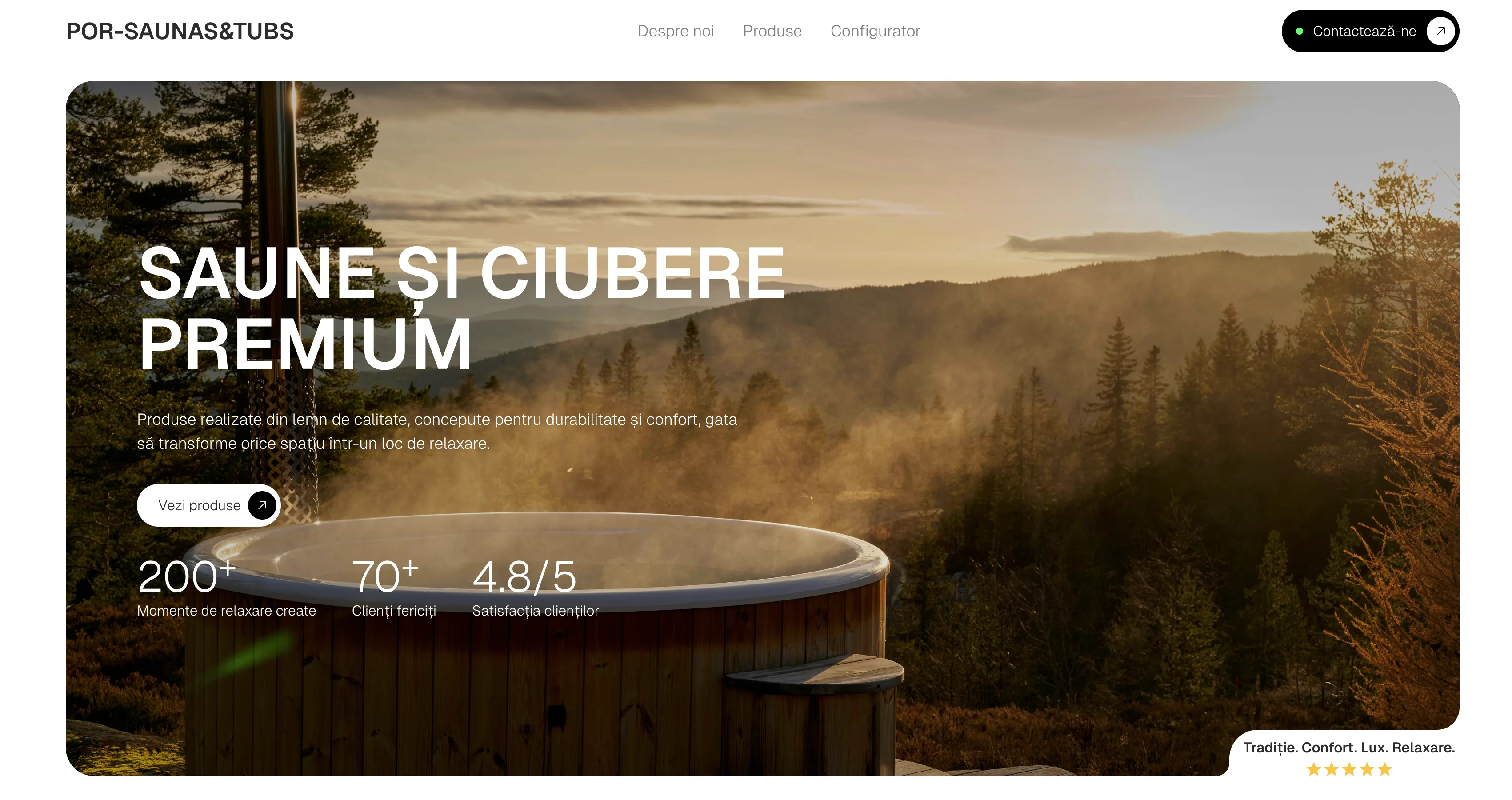 PORsaunas&tubs hero section with immersive sauna imagery